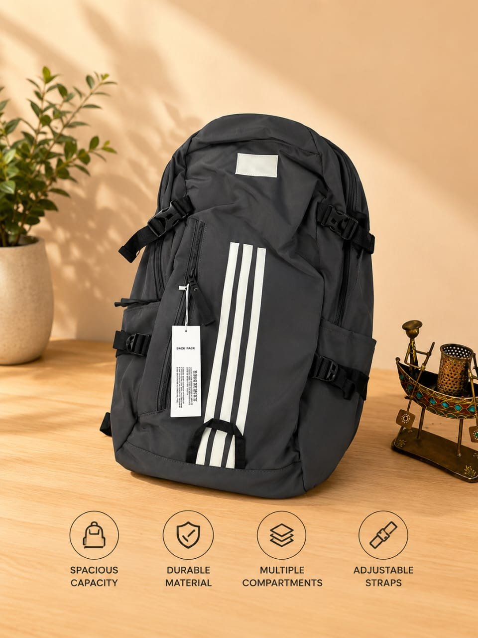 Unisex Grey Casual Travel Backpack With Triple Stripe Design