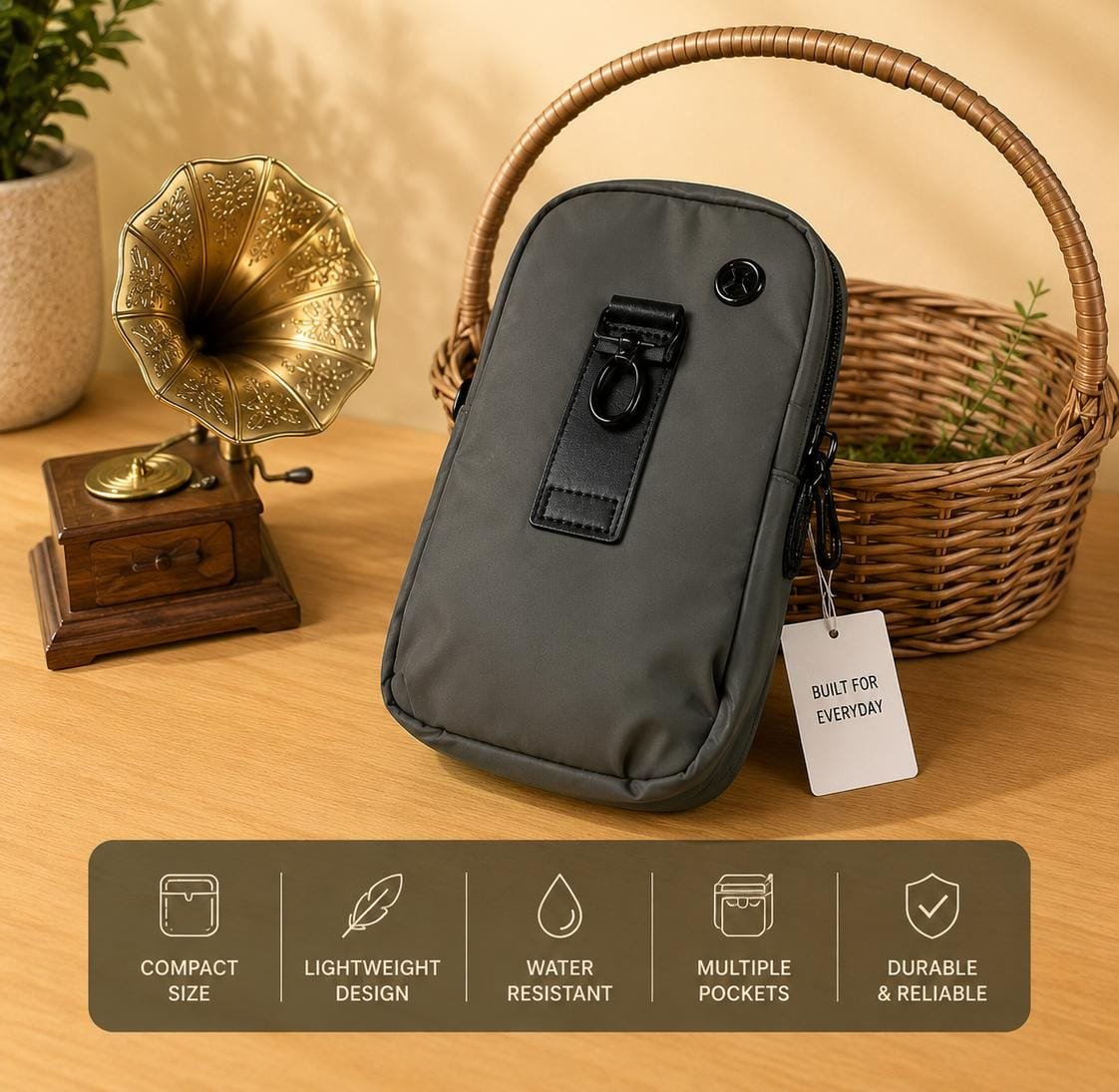 Gray Multi-Pocket Crossbody Sling Bag