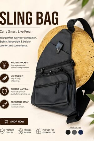 Black Crossbody Sling Bag With Multiple Zip Pockets