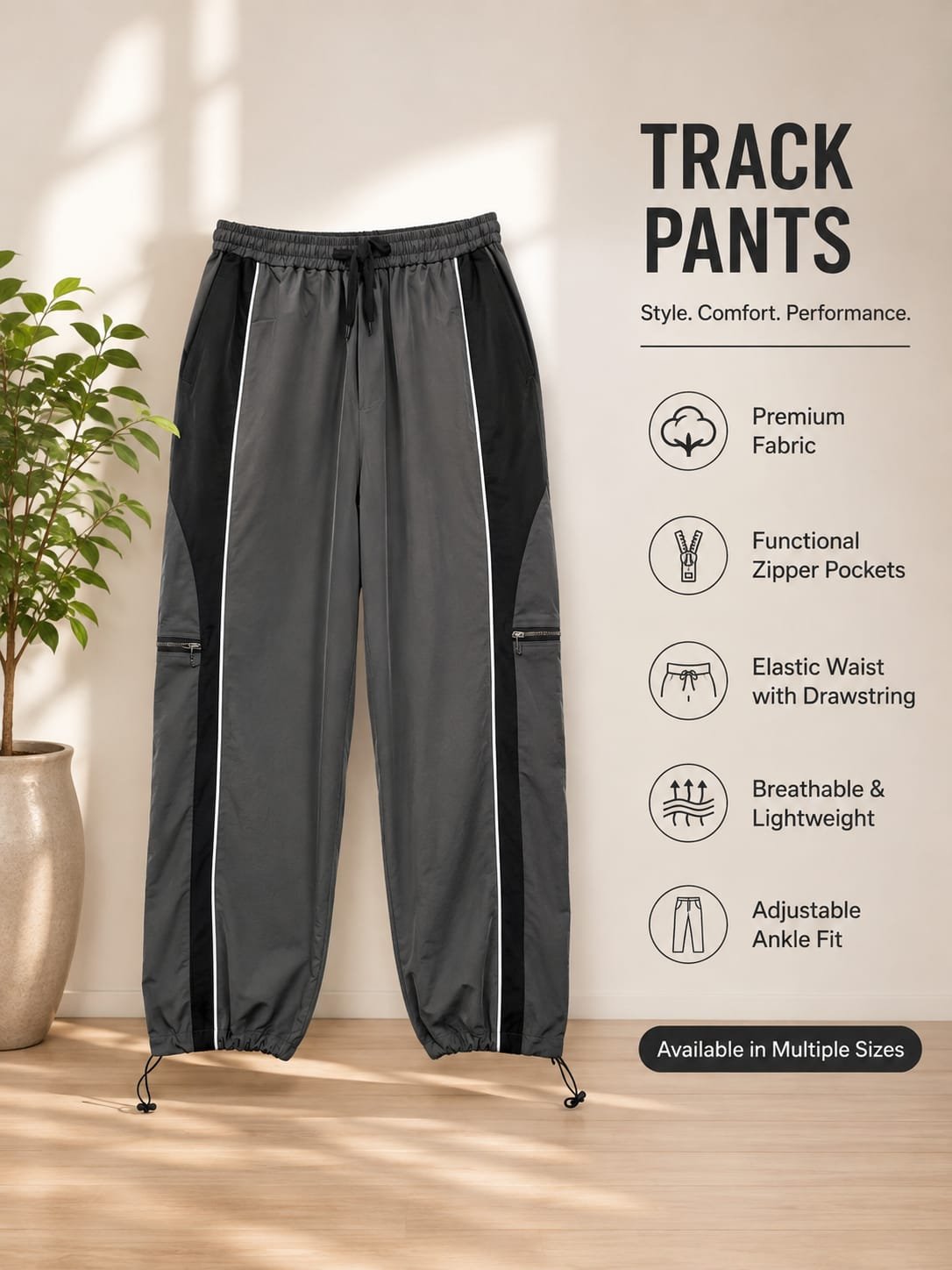 Dark Grey Sporty Cargo Track Pants With White Piping