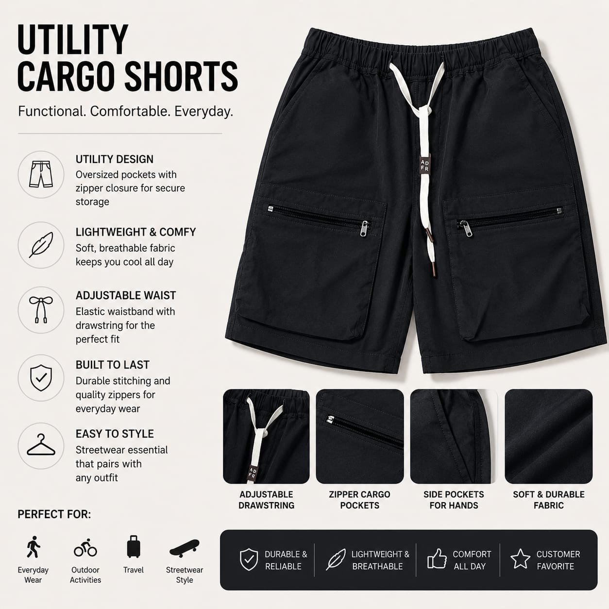 Black Utility Cargo Shorts