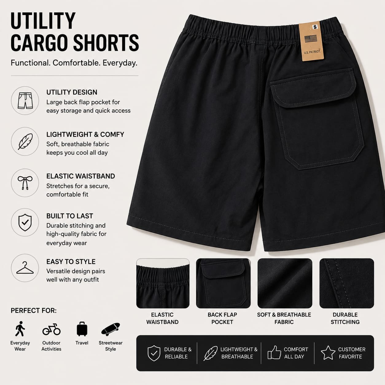 Black Utility Cargo Shorts - Image 3