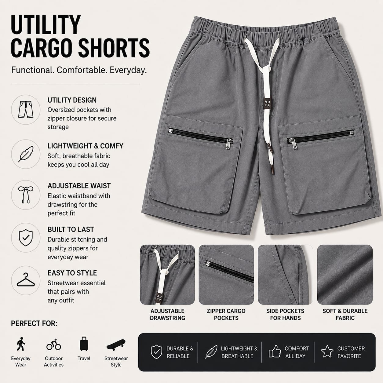 Black Utility Cargo Shorts - Image 3