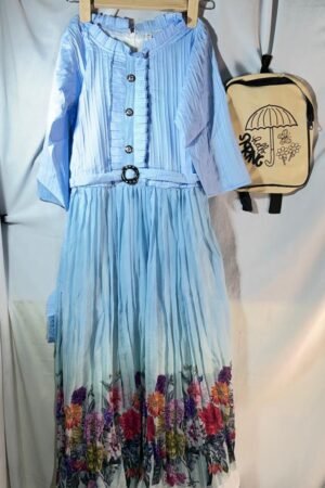 Girls Sky Blue Floral Printed Pleated Maxi Dress with Sling Bag | Party Wear Dress