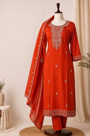 Orange Embroidered Kurti Set
