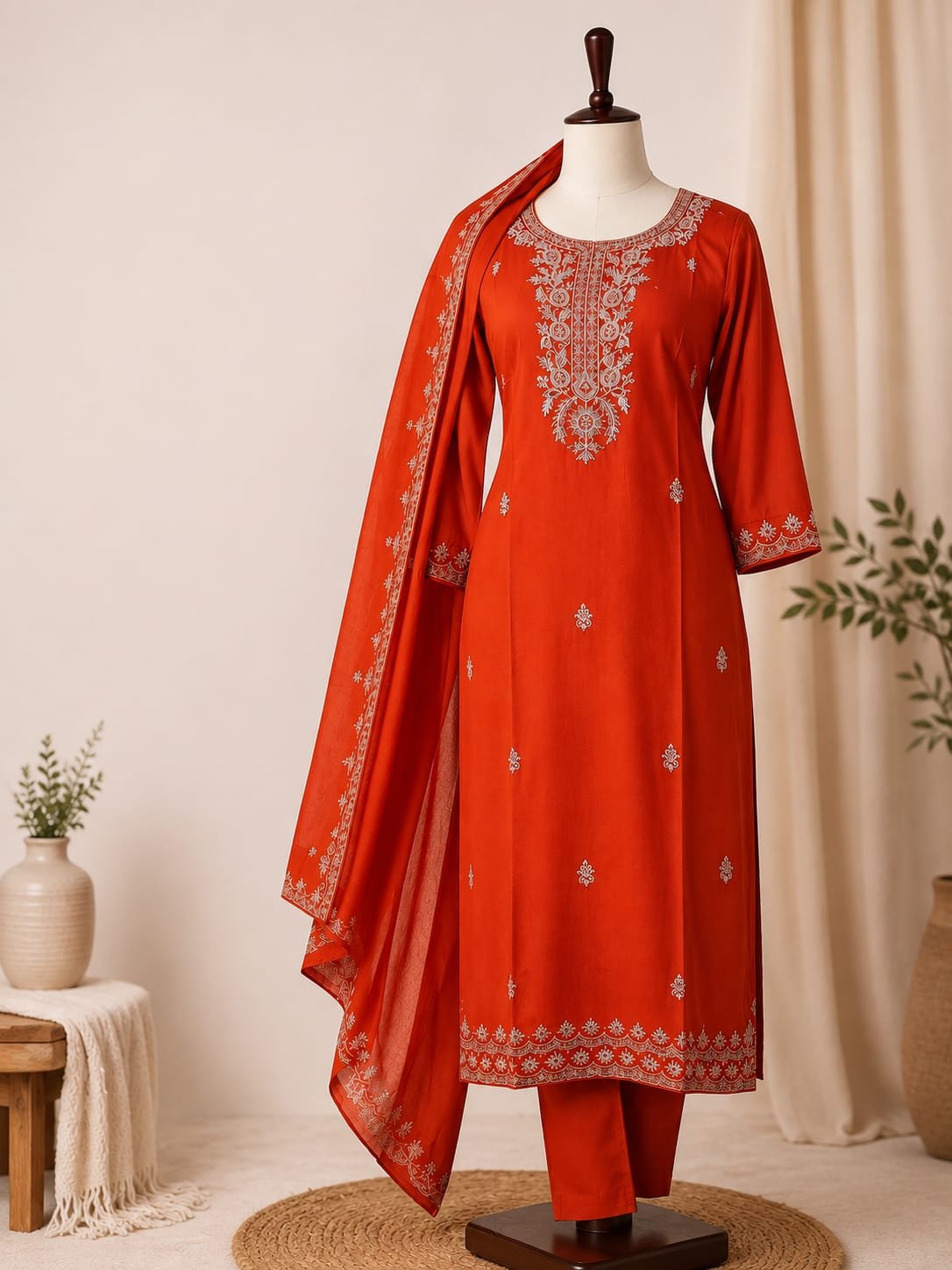 Orange Embroidered Kurti Set