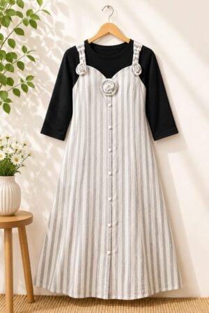 Layered Stripe Dress with Black Sleeves