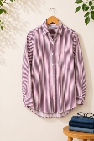 Maroon and White Striped Button-Down Shirt
