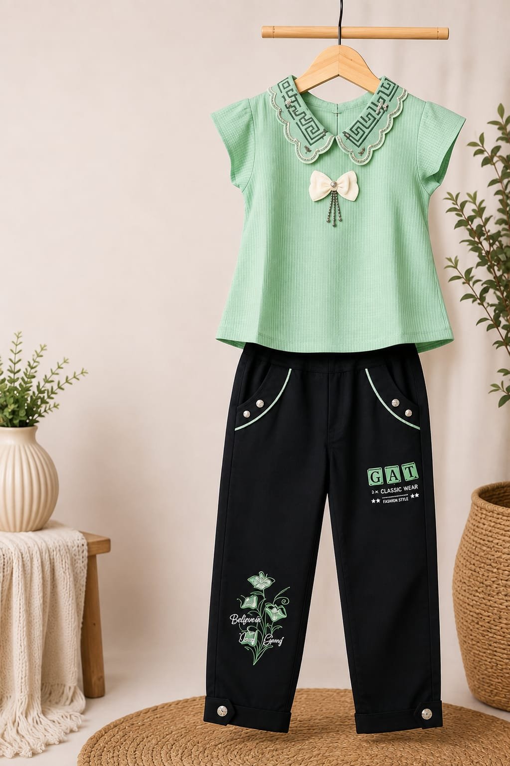 Mint Green Top and Black Jogger Set