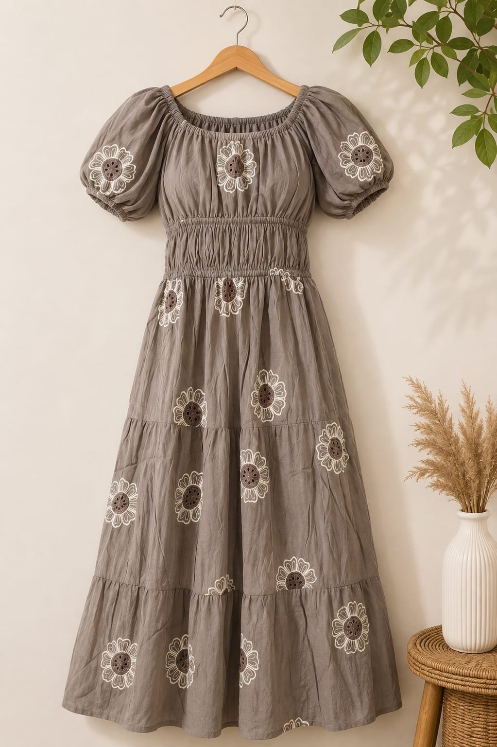 Light Brown Floral Tiered Dress