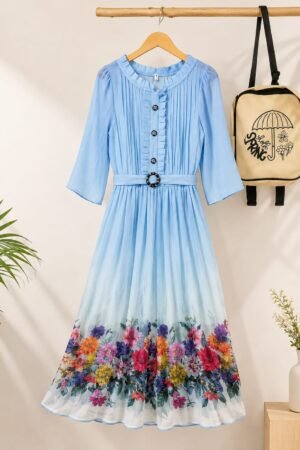 Girls Sky Blue Floral Printed Pleated Maxi Dress with Sling Bag | Party Wear Dress