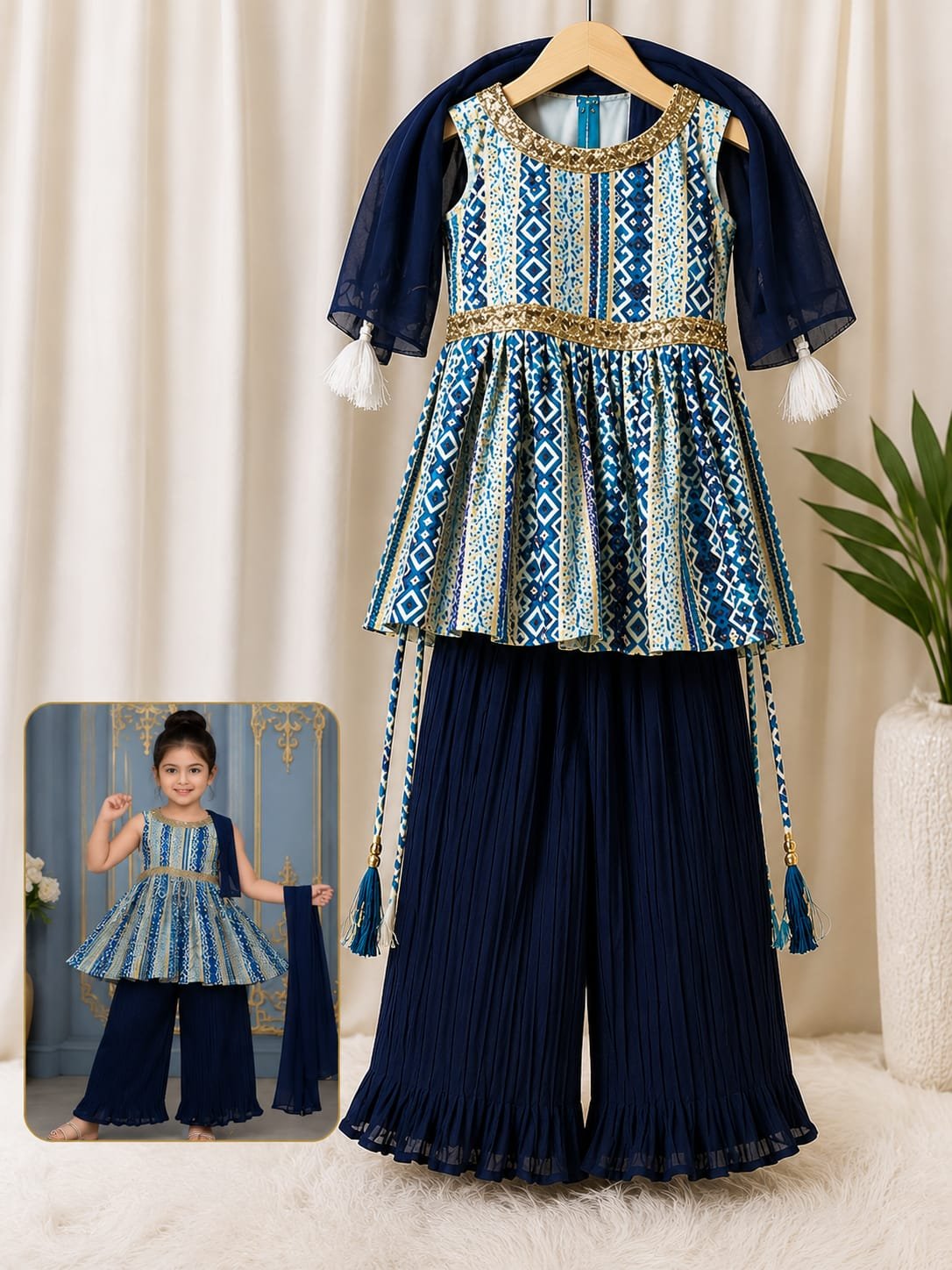 Girls Blue Printed Peplum Top with Pleated Palazzo & Shrug | Party Wear Set