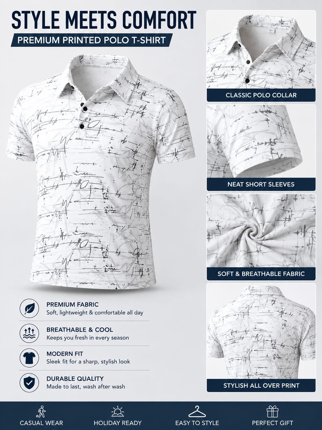 White Abstract Print Polo T-Shirt | Half Sleeve Casual Wear