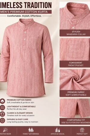 Pink Cotton Short Kurta with Mandarin Collar | Casual Ethnic Wear