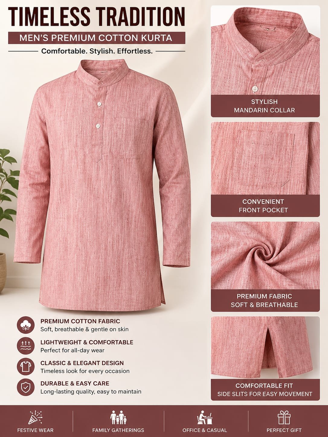 Pink Cotton Short Kurta with Mandarin Collar | Casual Ethnic Wear