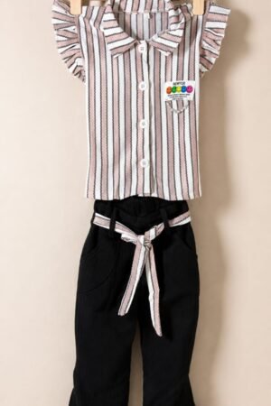 Pink & White Striped Top with Black Pants Set