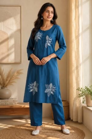 Women’s Blue Embroidered Kurta with Pants Set