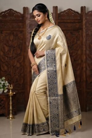 Royal Beige Kasavu Saree with Antique Blue Border