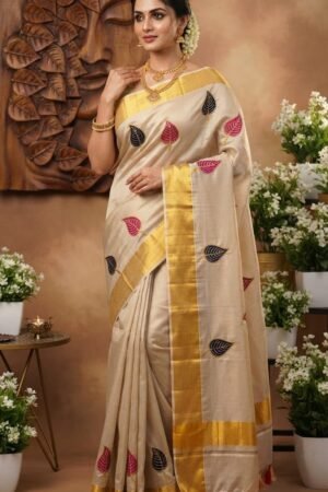 Elegant Leaf Motif Kasavu Saree with Golden Border