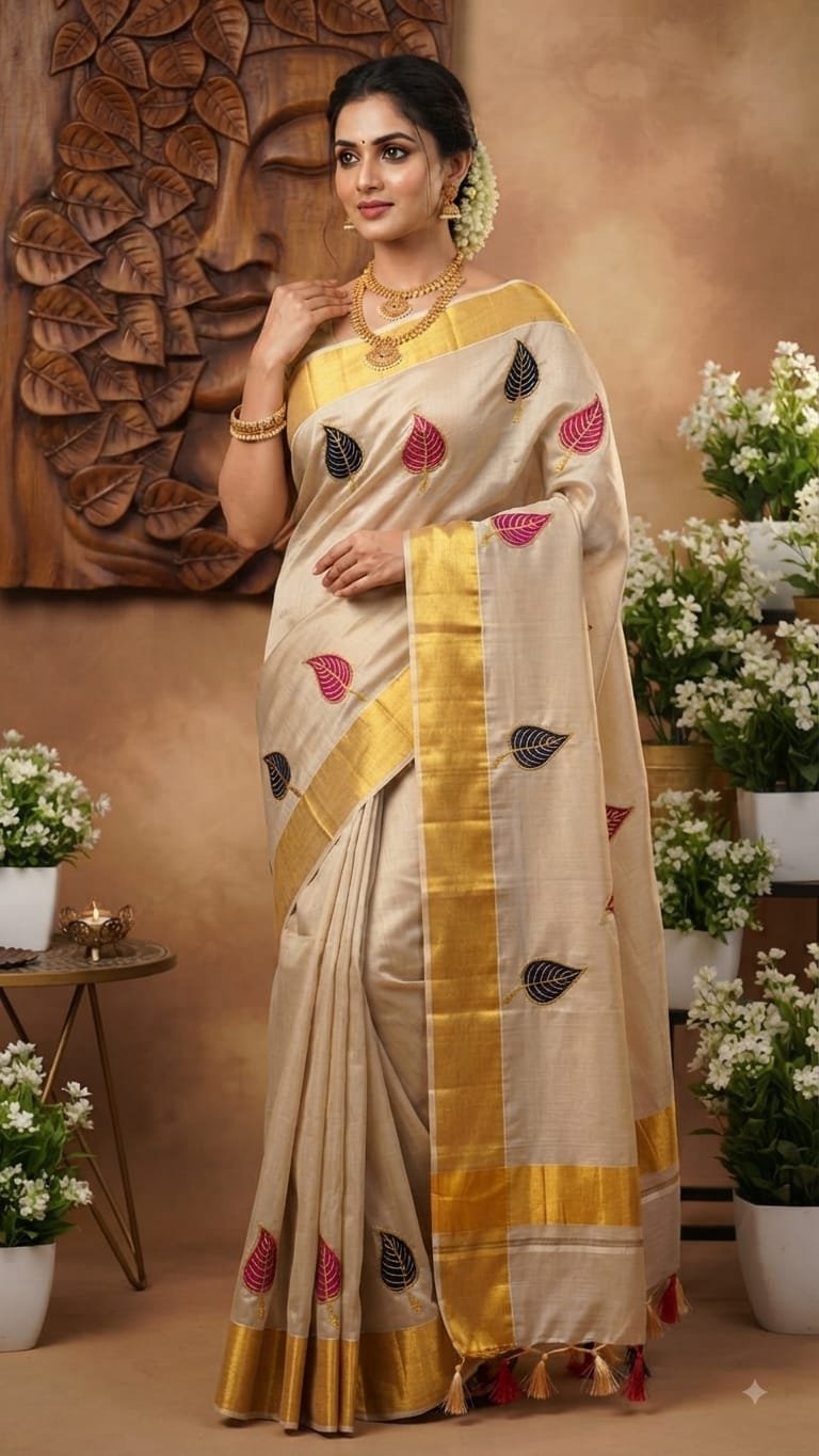 Elegant Leaf Motif Kasavu Saree with Golden Border
