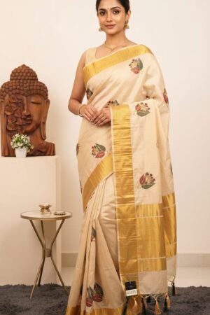 Golden Kasavu Saree with Floral Leaf Motifs