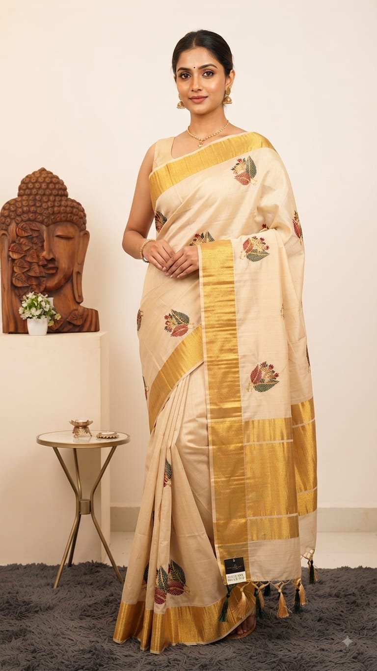 Golden Kasavu Saree with Floral Leaf Motifs