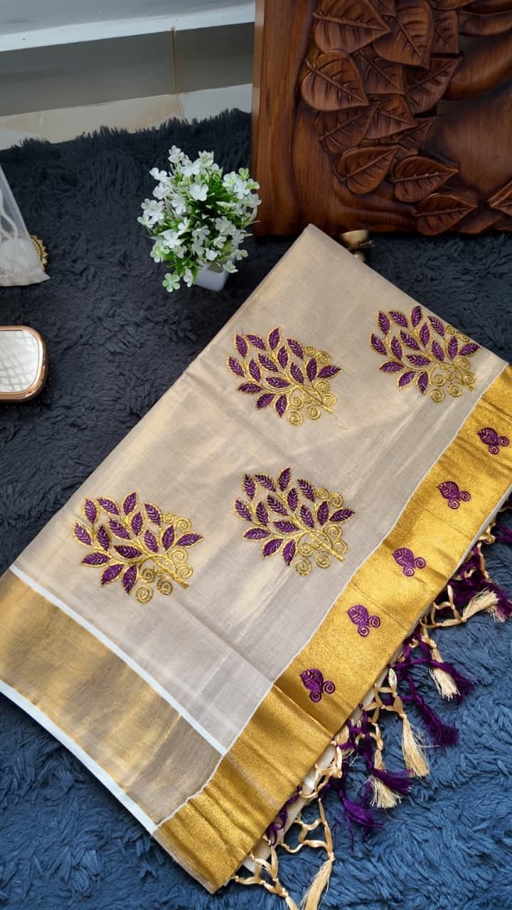 Purple Floral Embroidered Kasavu Saree - Image 2
