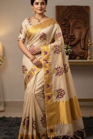 Purple Floral Embroidered Kasavu Saree