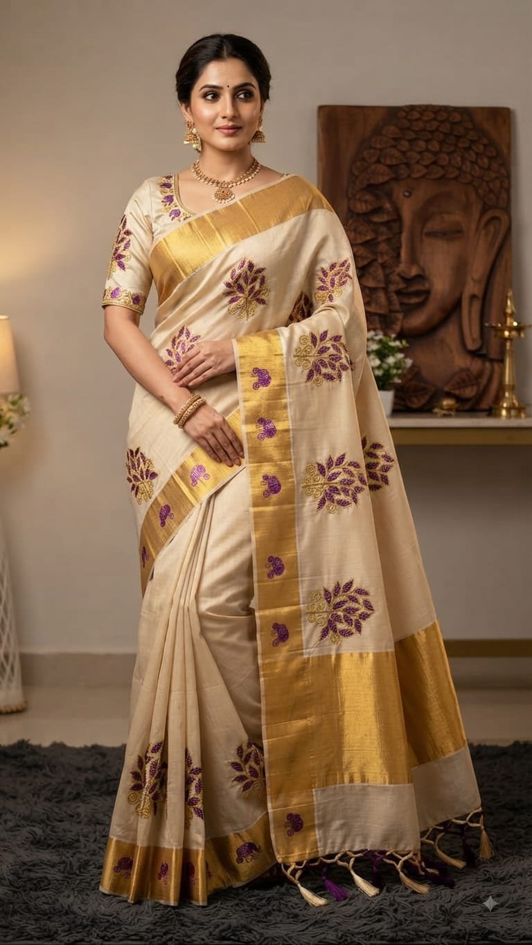 Purple Floral Embroidered Kasavu Saree