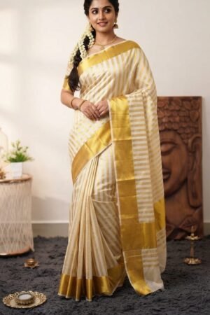 Classic Golden Kasavu Striped Saree