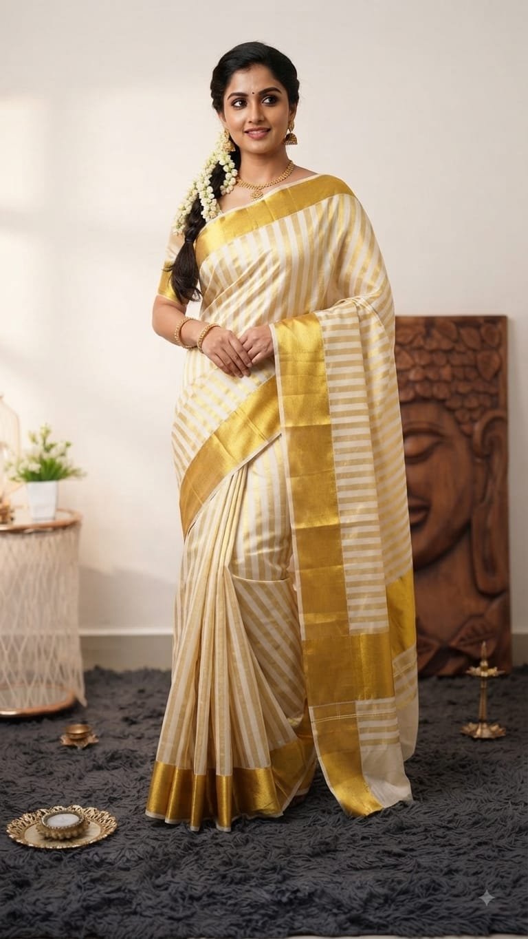 Classic Golden Kasavu Striped Saree
