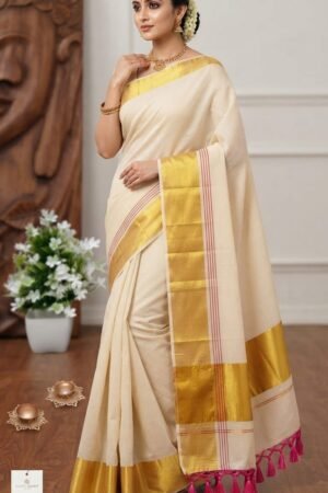 Classic Kerala Kasavu Saree with Pink Tassels