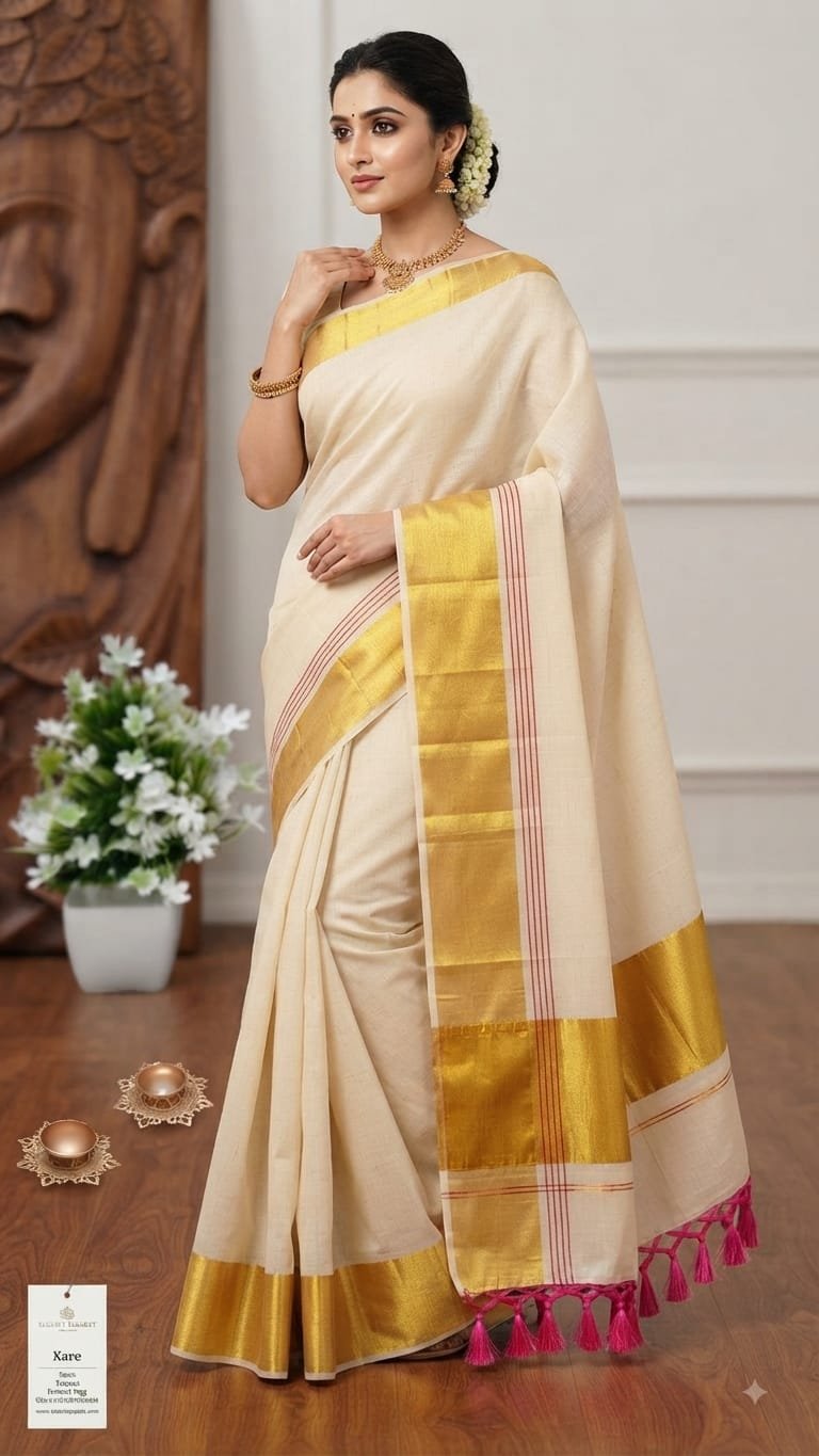 Classic Kerala Kasavu Saree with Pink Tassels
