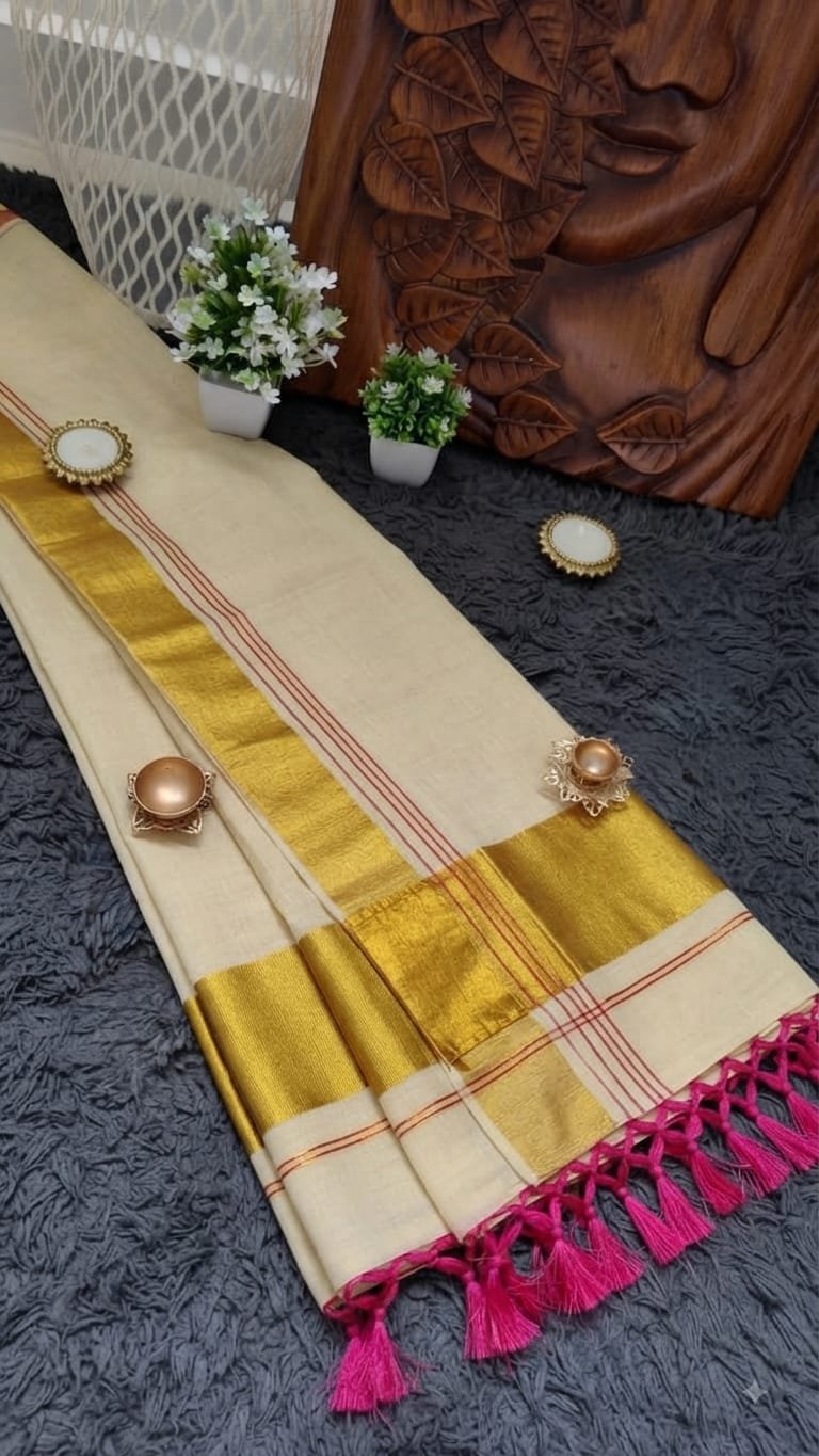 Classic Kerala Kasavu Saree with Pink Tassels - Image 2
