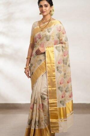 Pastel Floral Kasavu Saree with Golden Zari Border