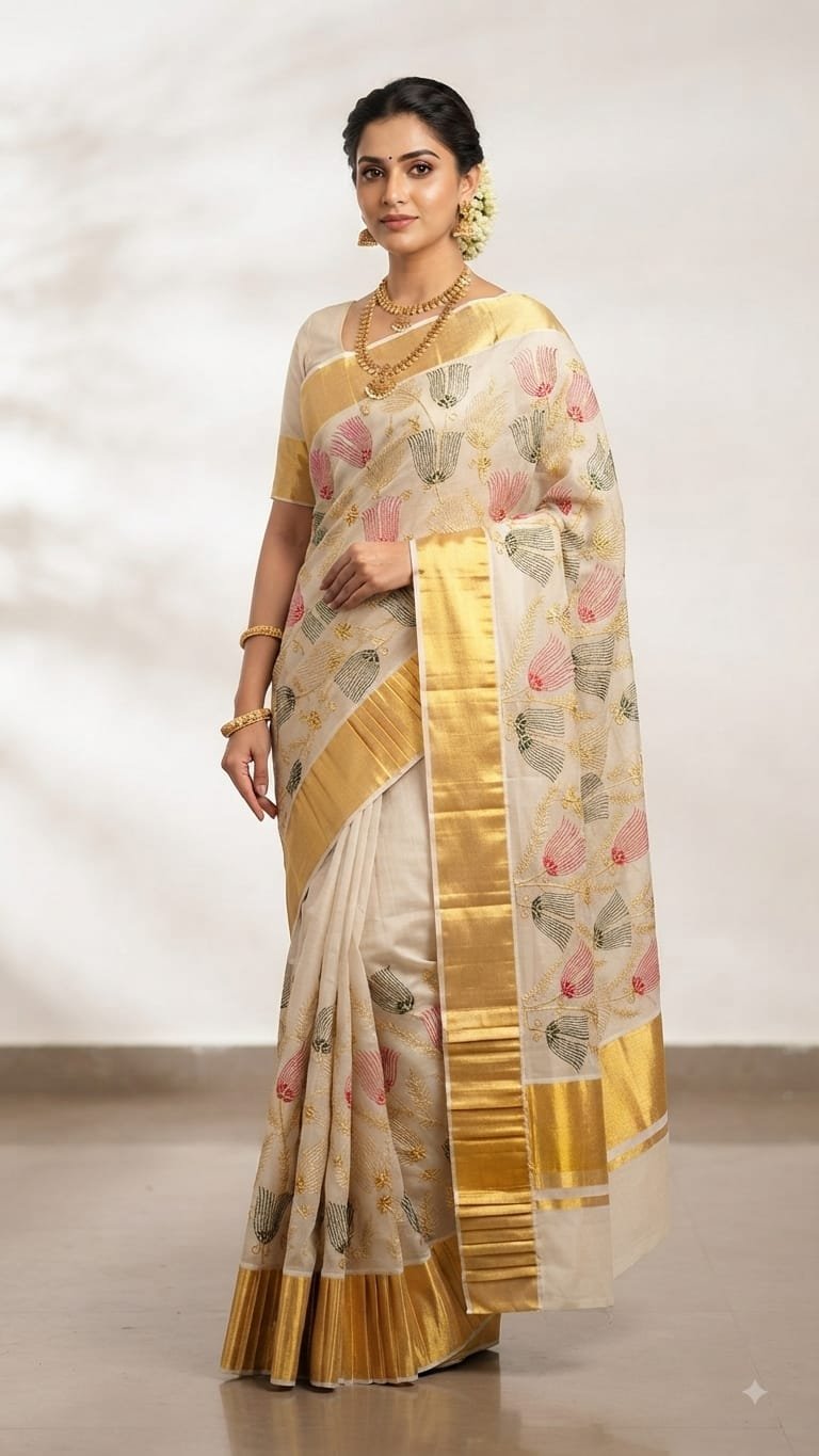 Pastel Floral Kasavu Saree with Golden Zari Border