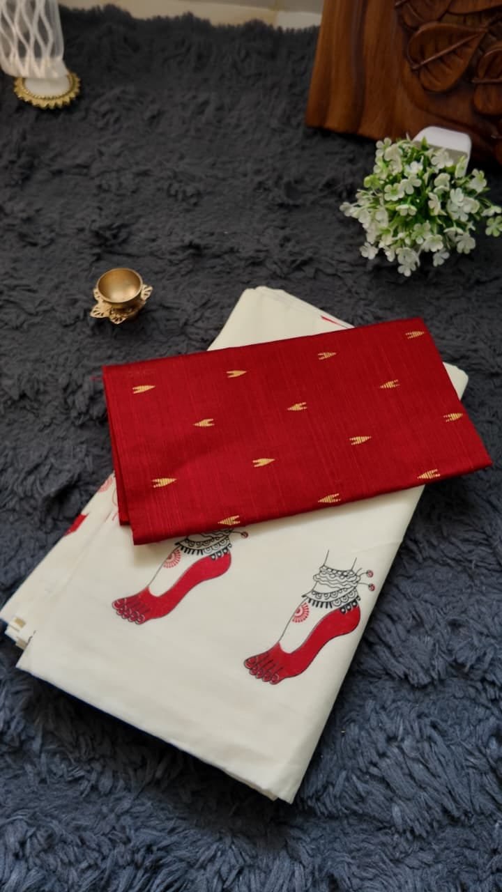 Kerala Kasavu Saree with Traditional Red Footprint Motifs - Image 2