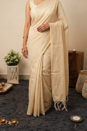Minimalist Cream Kasavu Saree with Fine Stripes