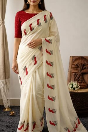 Kerala Kasavu Saree with Traditional Red Footprint Motifs