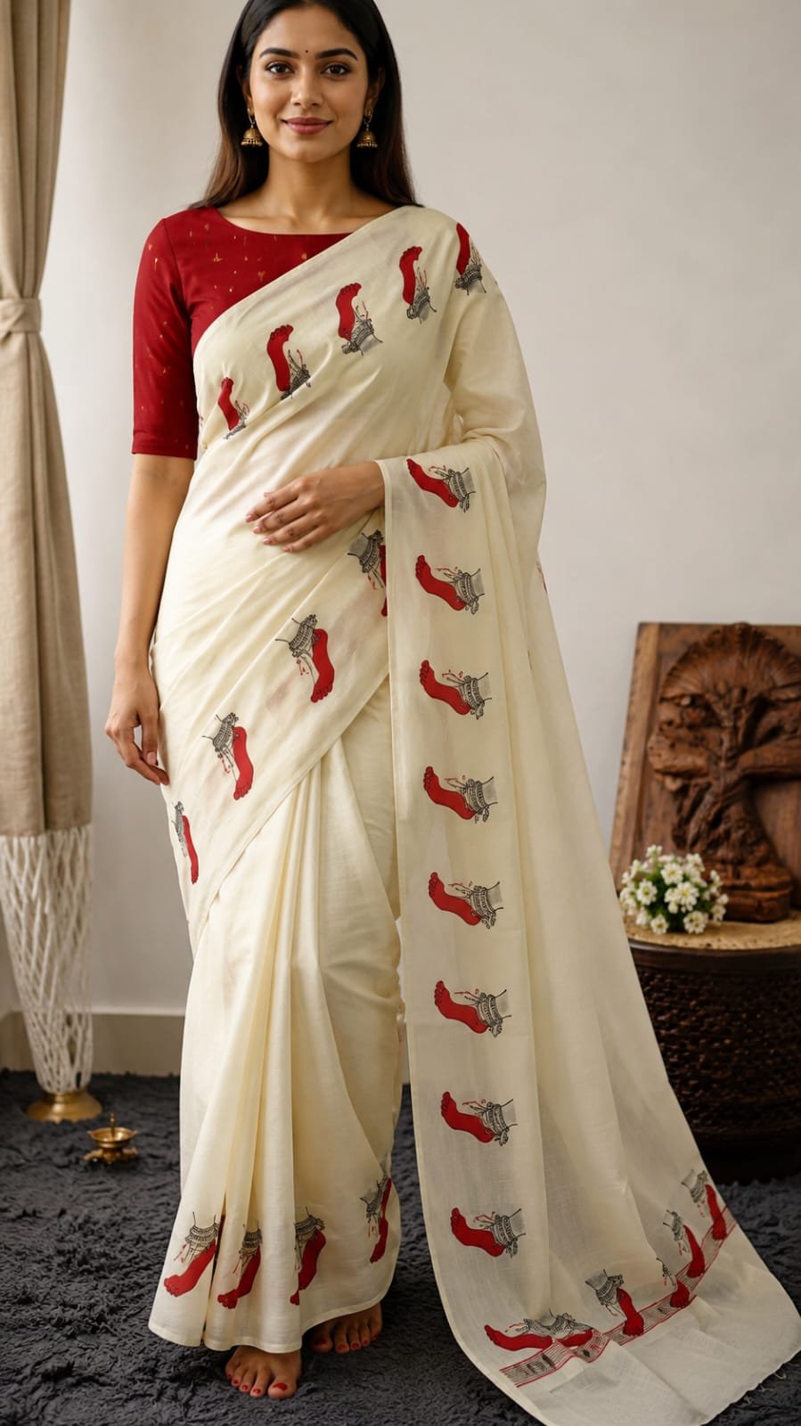 Kerala Kasavu Saree with Traditional Red Footprint Motifs