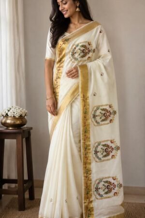 Elegant Off-White Floral Embroidered Kasavu Saree