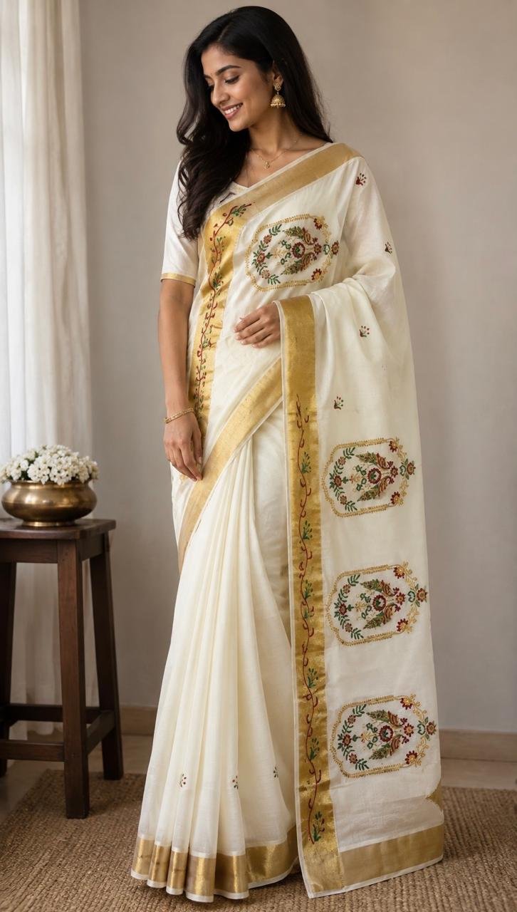 Elegant Off-White Floral Embroidered Kasavu Saree