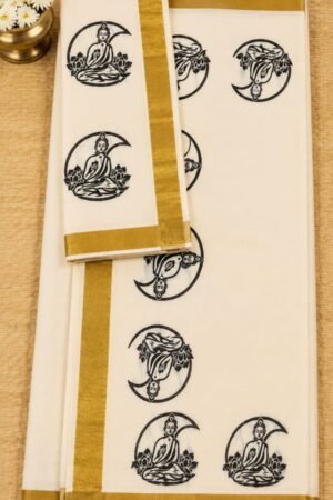 Elegant Golden Buddha Motif Kerala Set Mundu (Double)