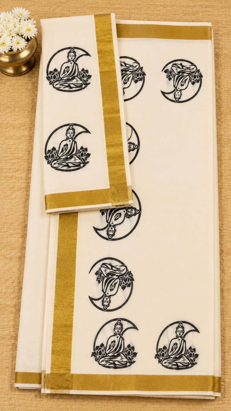 Elegant Golden Buddha Motif Kerala Set Mundu (Double)