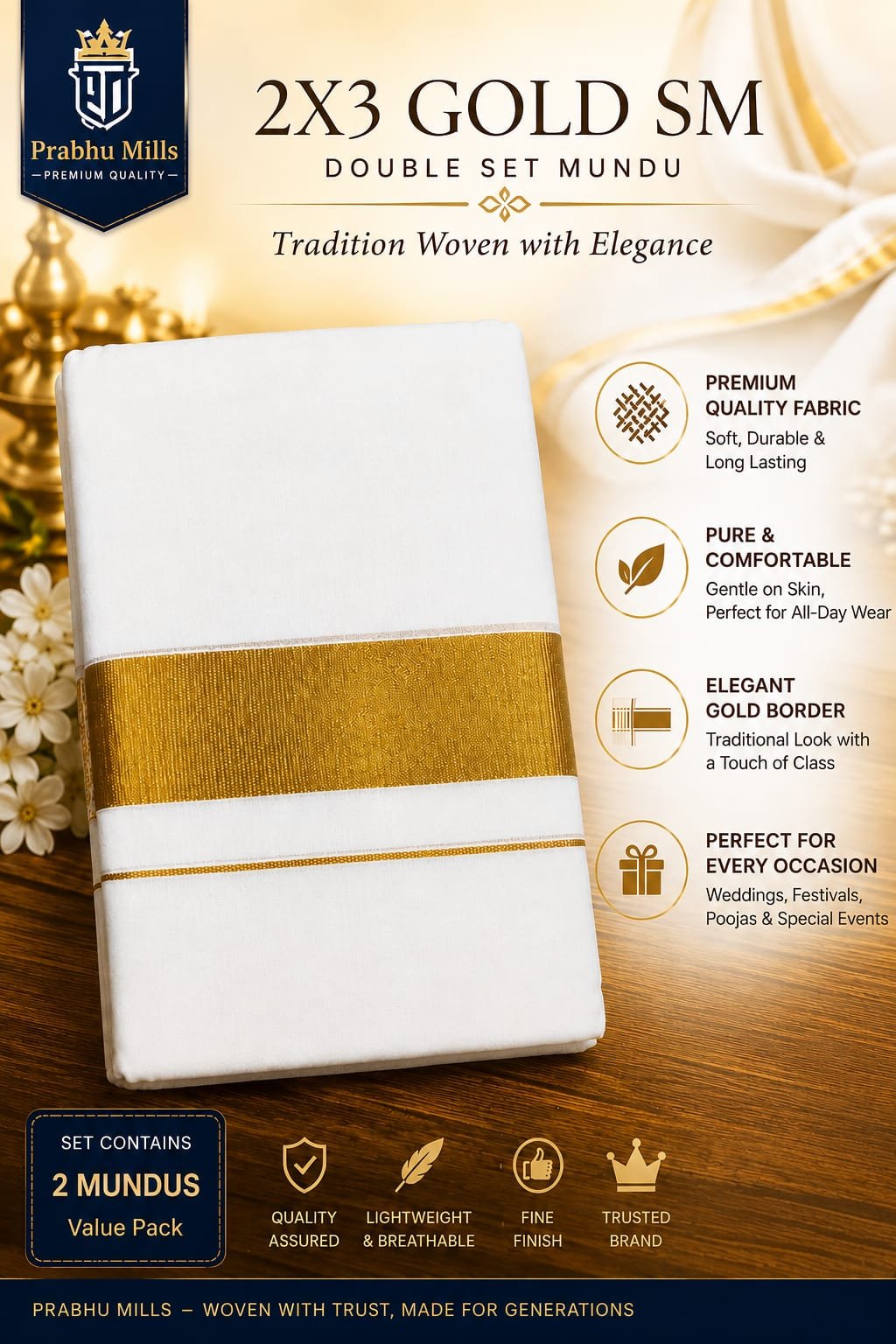 2X3 Gold SM Kerala Set Mundu ( Double )